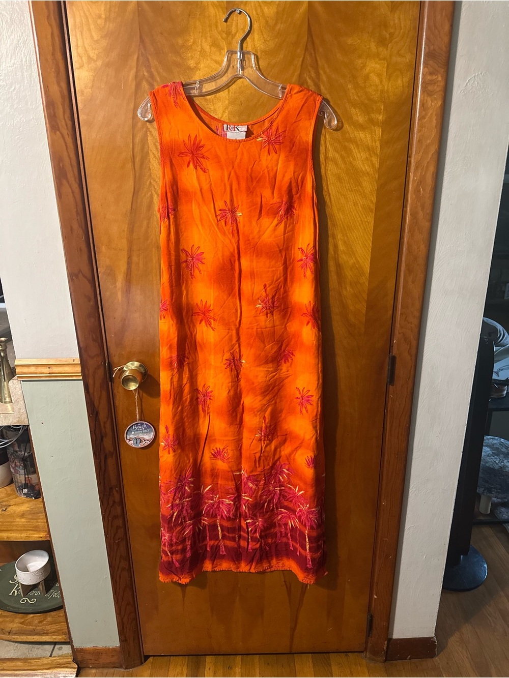 Vintage Sleeveless Orange Tie-Dye Maxi Dress with Palm Detail